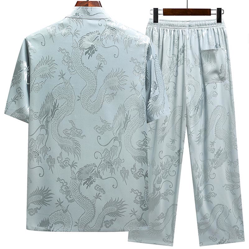 Buddha Stones龍柄唐装漢服伝統制服半袖トップスパンツ服装メンズセット - image 1