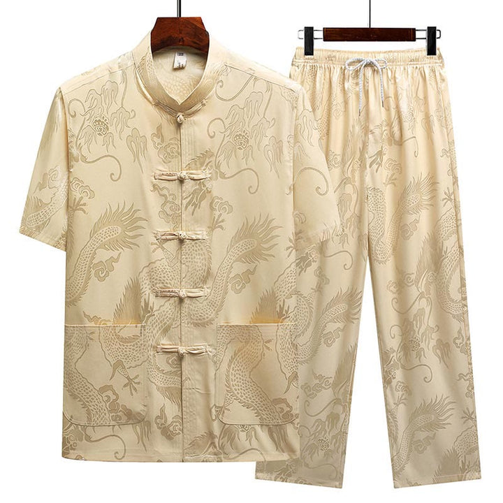 Buddha Stones龍柄唐装漢服伝統制服半袖トップスパンツ服装メンズセット - ベージュ(トップス&パンツ) - US/UK/AU44、 EU54 (4XL) - image 13