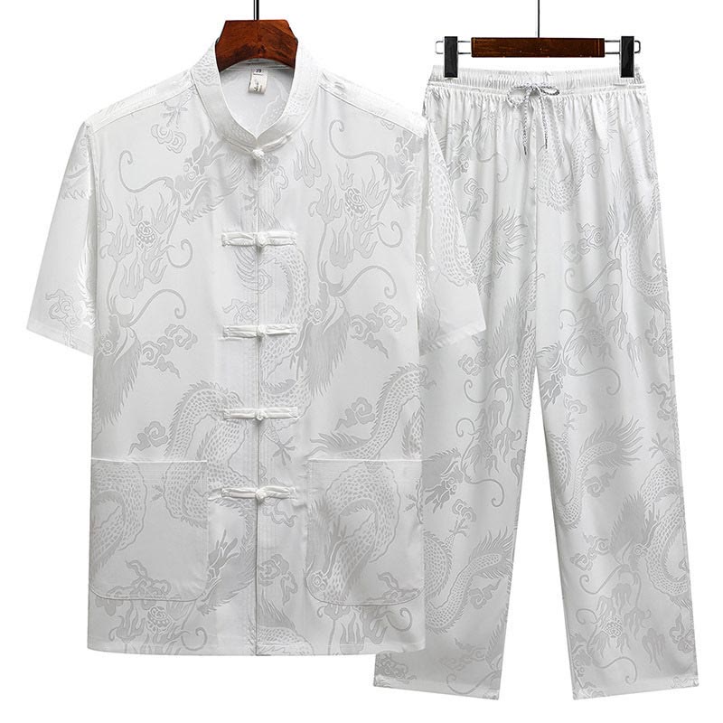 Buddha Stones龍柄唐装漢服伝統制服半袖トップスパンツ服装メンズセット - ホワイト(トップス&パンツ) - US/UK/AU44、 EU54 (4XL) - image 16