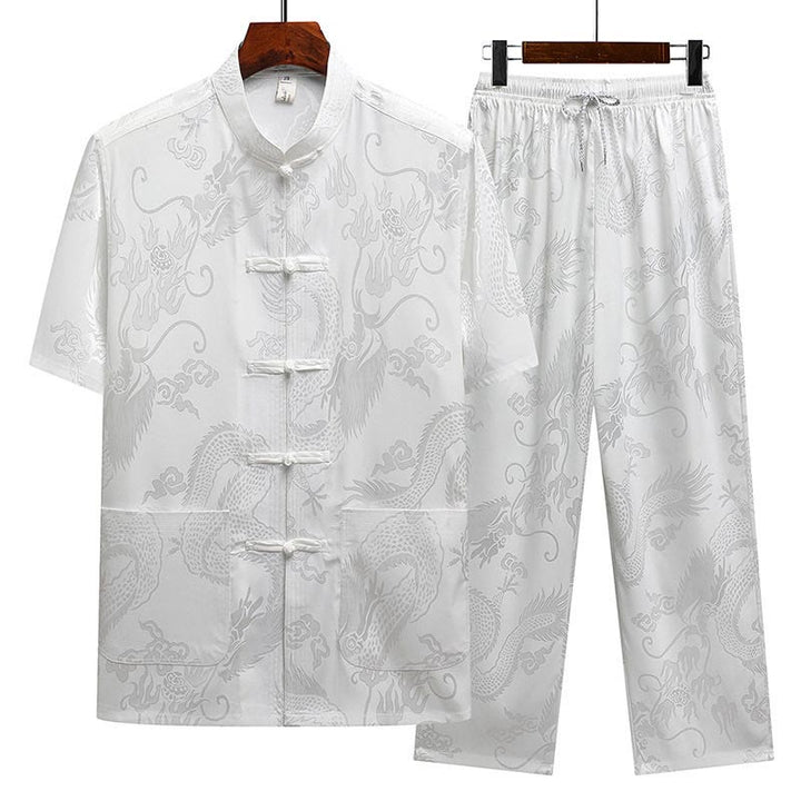 Buddha Stones龍柄唐装漢服伝統制服半袖トップスパンツ服装メンズセット - ホワイト(トップス&パンツ) - US/UK/AU44、 EU54 (4XL) - image 16