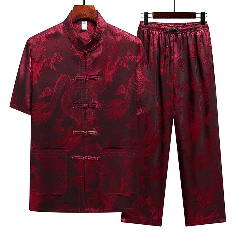 Buddha Stones龍柄唐装漢服伝統制服半袖トップスパンツ服装メンズセット - 赤(トップス&パンツ) - US/UK/AU44、 EU54 (4XL) - image 19