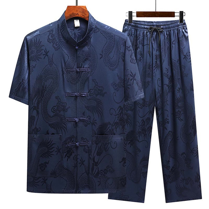 Buddha Stones龍柄唐装漢服伝統制服半袖トップスパンツ服装メンズセット - ネイビーブルー(トップス&パンツ) - US/UK/AU44、 EU54 (4XL) - image 22