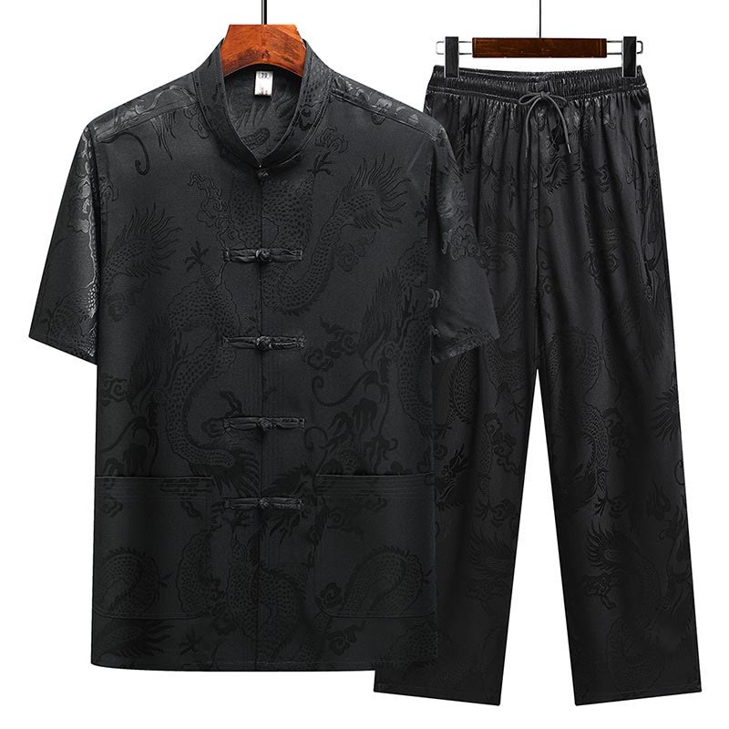 Buddha Stones龍柄唐装漢服伝統制服半袖トップスパンツ服装メンズセット - ブラック(トップス&パンツ) - US/UK/AU44、 EU54 (4XL) - image 25