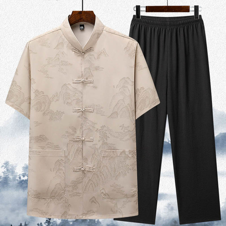 Buddha Stones、山、木​​々、唐装、漢服、伝統制服、半袖、トップス、パンツ、衣類、メンズセット - ベージュ - トップス＆パンツ - US/UK/AU42、 EU52 (3XL)  - image 1