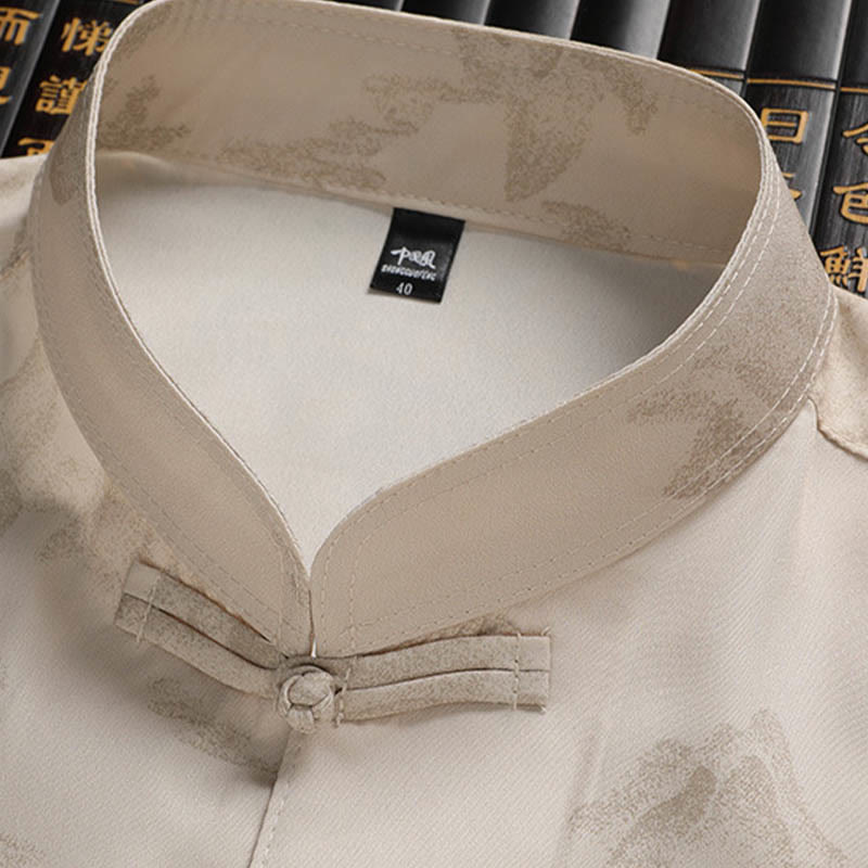 Buddha Stones、山、木​​々、唐装、漢服、伝統制服、半袖、トップス、パンツ、衣類、メンズセット - image 4