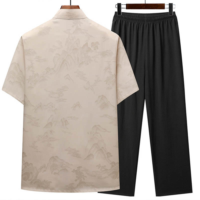 Buddha Stones、山、木​​々、唐装、漢服、伝統制服、半袖、トップス、パンツ、衣類、メンズセット - image 2