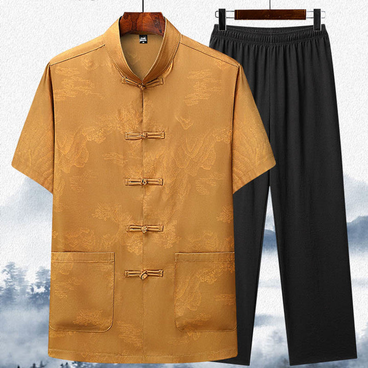 Buddha Stones、山、木​​々、唐装、漢服、伝統制服、半袖、トップス、パンツ、衣類、メンズセット - 黄色 - トップス＆パンツ - US/UK/AU42、 EU52 (3XL)  - image 13