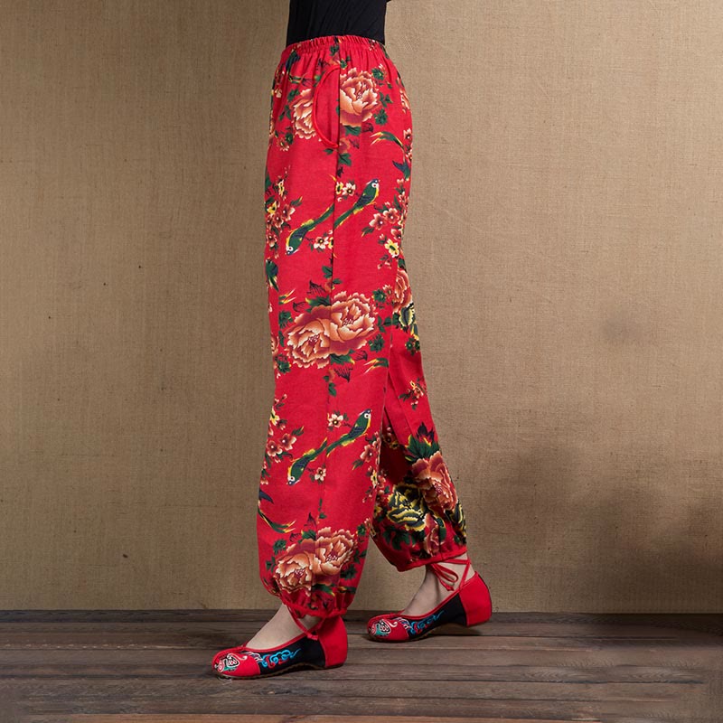 Buddha Stonesエスニックスタイル レッドグリーンフラワープリント ポケット付きハーレムパンツ