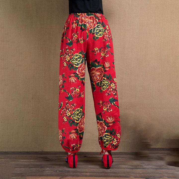 Buddha Stonesエスニックスタイル レッドグリーンフラワープリント ポケット付きハーレムパンツ