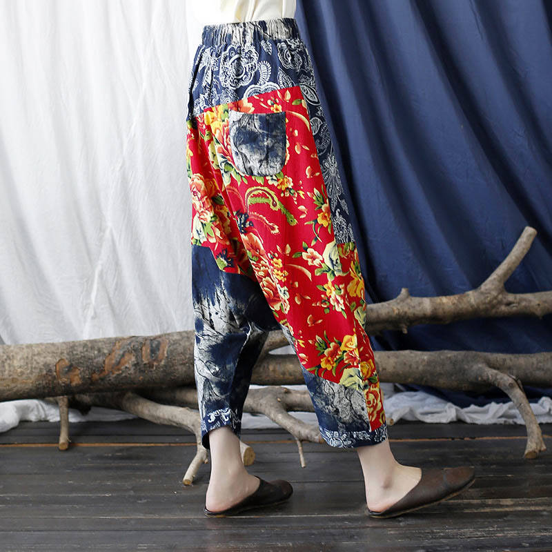 Buddha Stones、青、赤の牡丹の花、パッチワーク、コットンリネン、ポケット付きハーレムパンツ