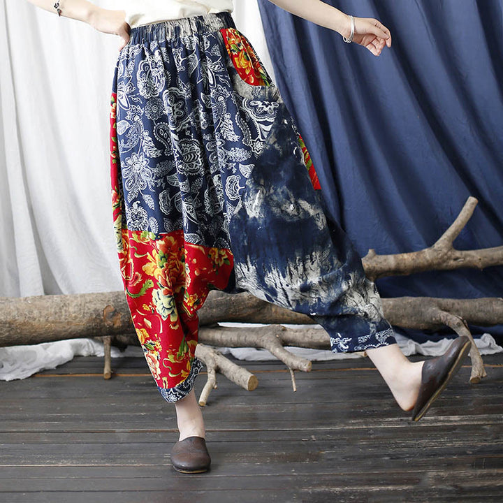 Buddha Stones、青、赤の牡丹の花、パッチワーク、コットンリネン、ポケット付きハーレムパンツ