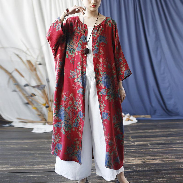 Buddha Stones赤青花柄 コットン 七分袖 オープンフロント ジャケットコート - image 12