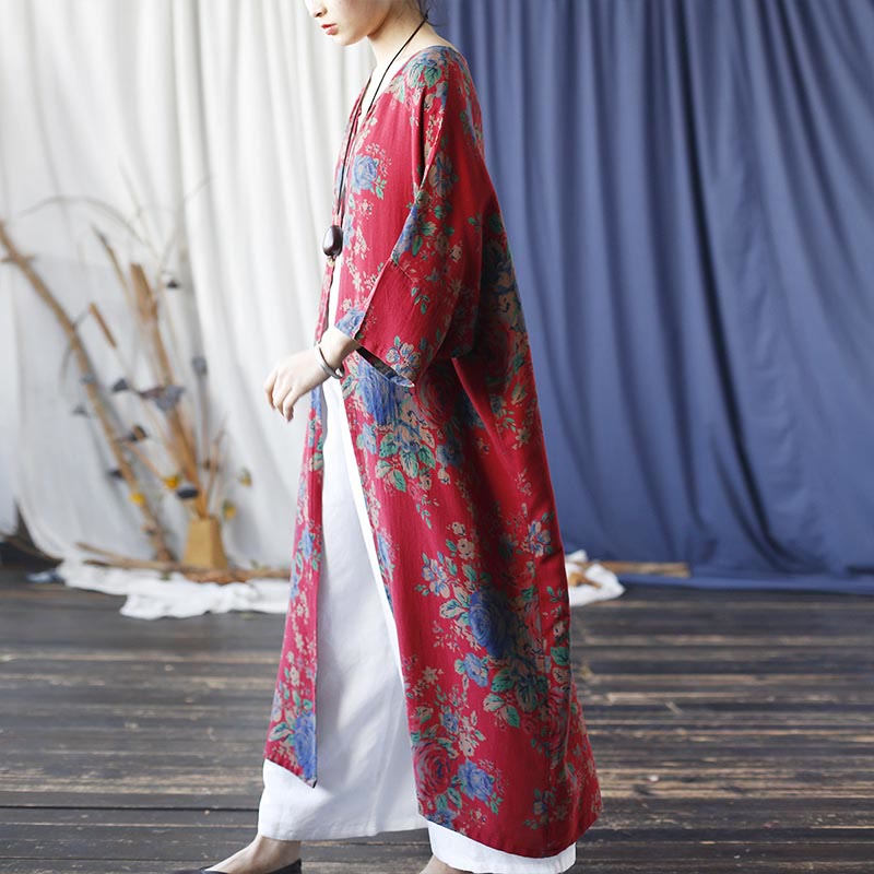 Buddha Stones赤青花柄 コットン 七分袖 オープンフロント ジャケットコート - image 3