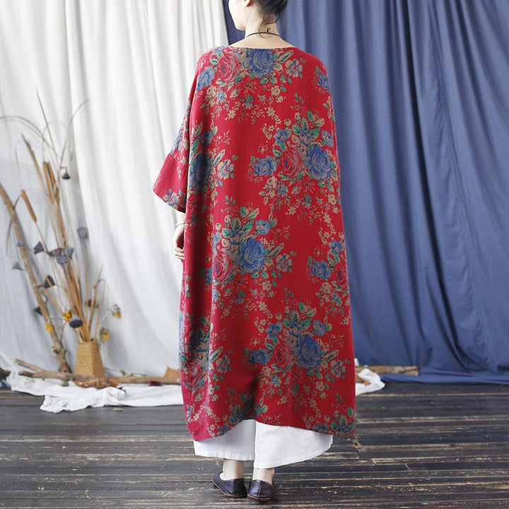 Buddha Stones赤青花柄 コットン 七分袖 オープンフロント ジャケットコート - image 2