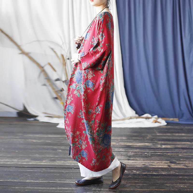 Buddha Stones赤青花柄 コットン 七分袖 オープンフロント ジャケットコート - image 4