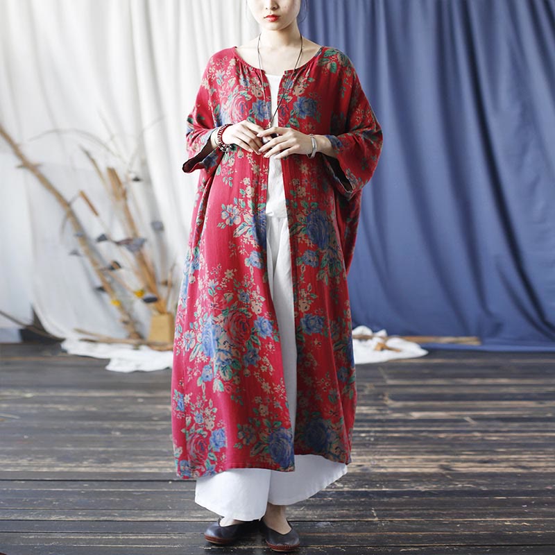 Buddha Stones赤青花柄 コットン 七分袖 オープンフロント ジャケットコート - image 10