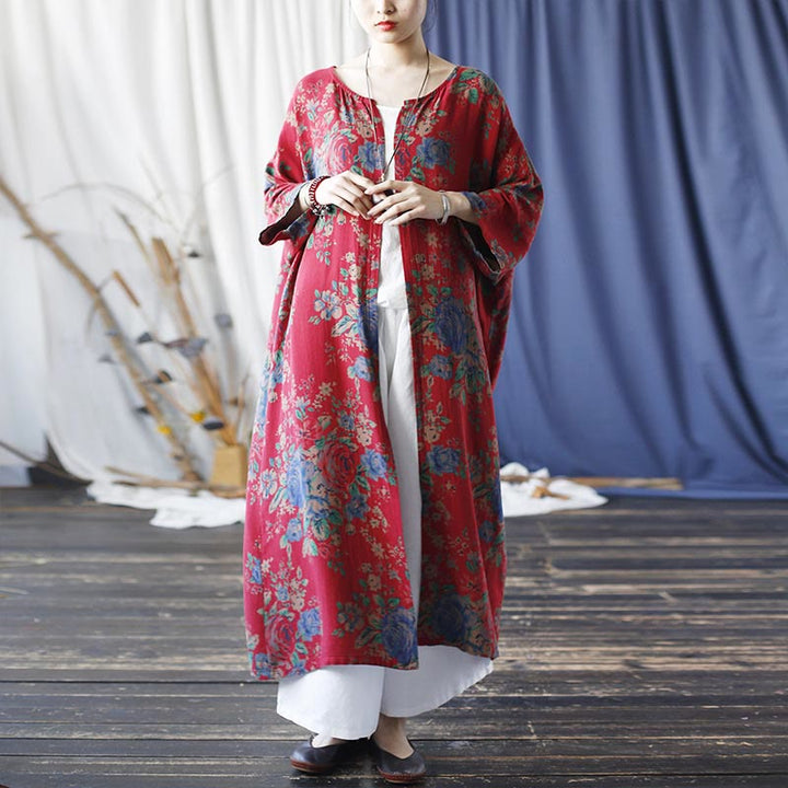 Buddha Stones赤青花柄 コットン 七分袖 オープンフロント ジャケットコート - image 10