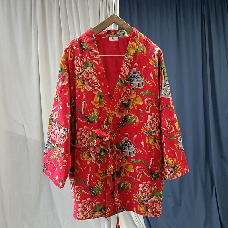 Buddha Stonesエスニックスタイル北東部レッドフラワー牡丹プリントコットンリネンレースアップジャケット