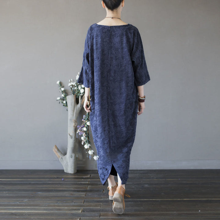 Buddha Stonesブルーフラワー 刺繍 ジャカード ミディドレス 七分袖 コットンドレス ポケット付き - image 3