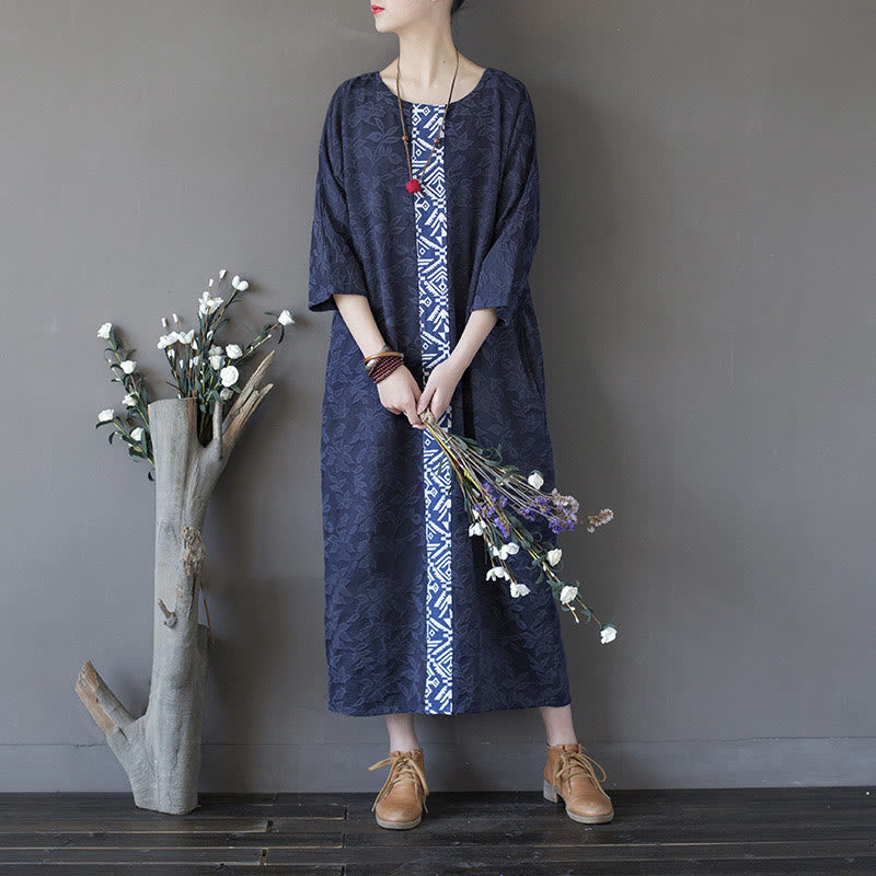 Buddha Stonesブルーフラワー 刺繍 ジャカード ミディドレス 七分袖 コットンドレス ポケット付き - F( US4-12、 UK/AU8-16、EU36-44に適合) - image 0