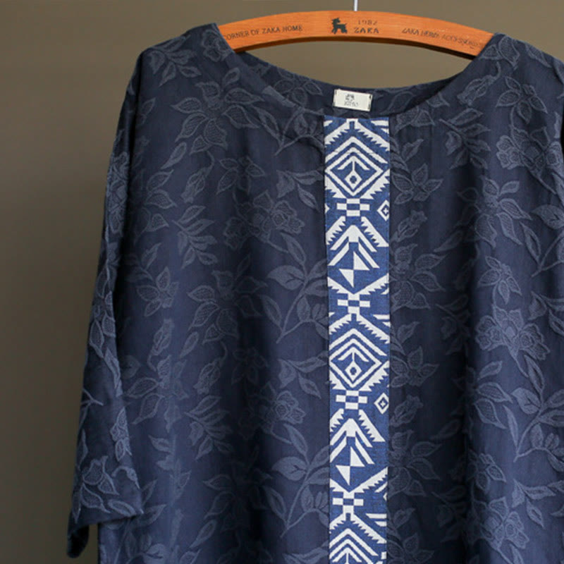 Buddha Stonesブルーフラワー 刺繍 ジャカード ミディドレス 七分袖 コットンドレス ポケット付き - image 5