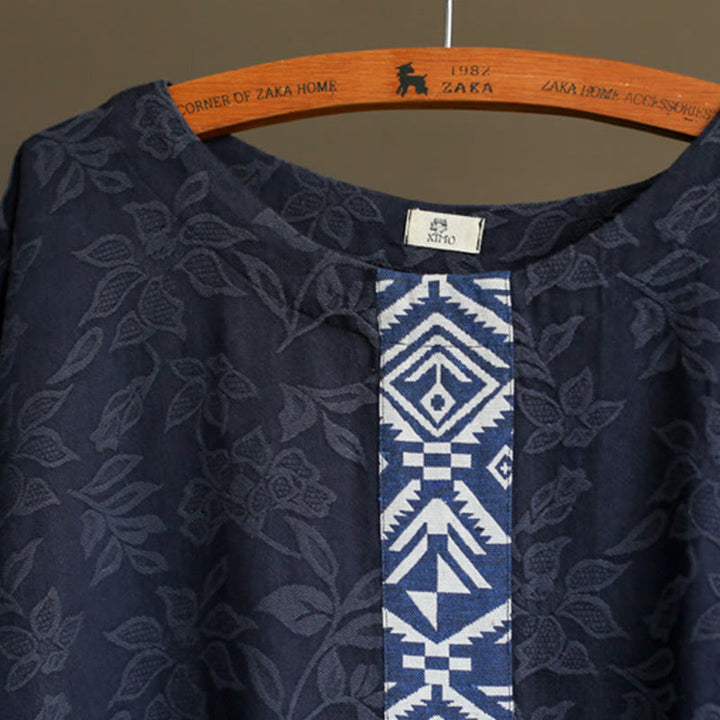 Buddha Stonesブルーフラワー 刺繍 ジャカード ミディドレス 七分袖 コットンドレス ポケット付き - image 6