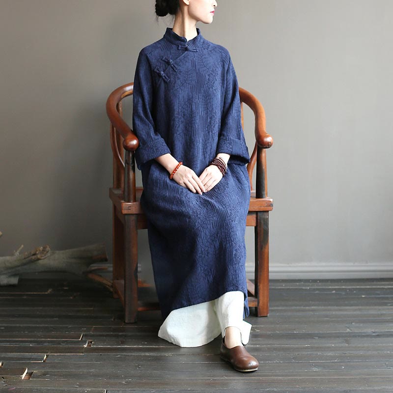 Buddha Stonesフラワージャカードミディドレス 長袖コットンリネンドレス ワイドレッグパンツ ポケット付き