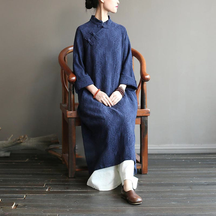 Buddha Stonesフラワージャカードミディドレス 長袖コットンリネンドレス ワイドレッグパンツ ポケット付き
