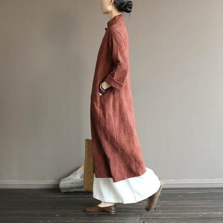 Buddha Stonesフラワージャカードミディドレス 長袖コットンリネンドレス ワイドレッグパンツ ポケット付き