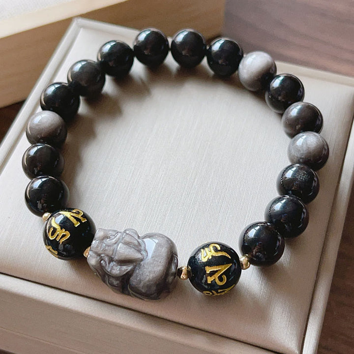 Buddha Stones天然銀光沢黒曜石 黒曜石オーム・マニ・パドメ・フムPiXiu守護ブレスレット
