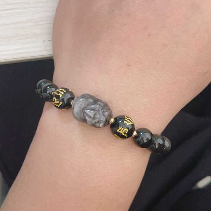 Buddha Stones天然銀光沢黒曜石 黒曜石オーム・マニ・パドメ・フムPiXiu守護ブレスレット