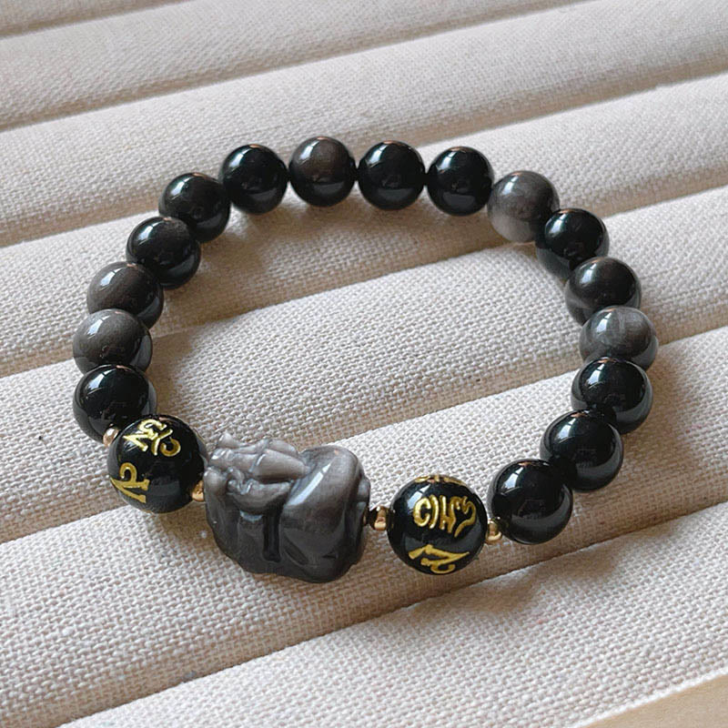 Buddha Stones天然銀光沢黒曜石 黒曜石オーム・マニ・パドメ・フムPiXiu守護ブレスレット