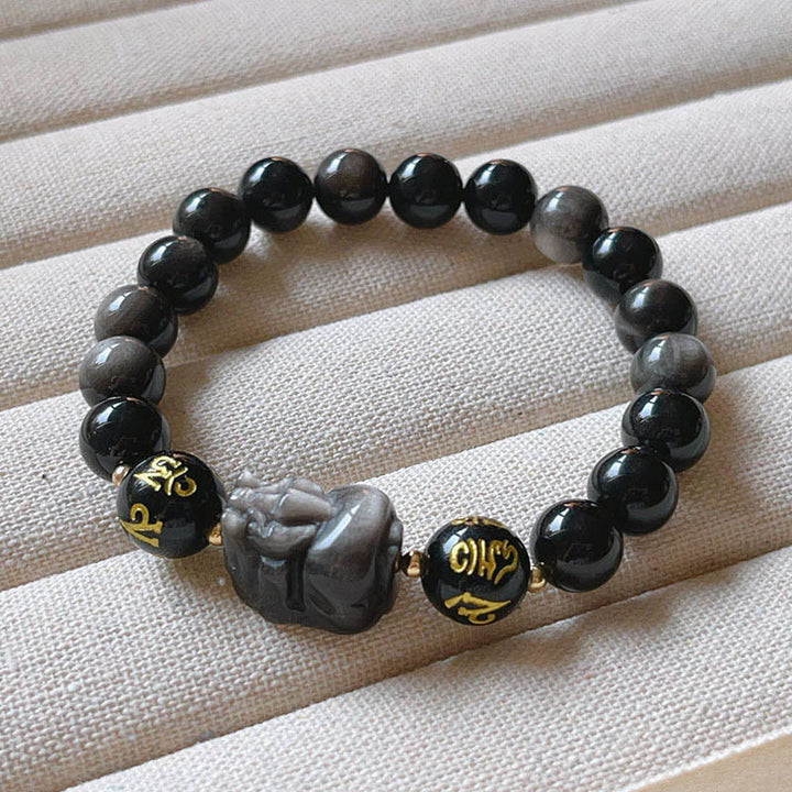Buddha Stones天然銀光沢黒曜石 黒曜石オーム・マニ・パドメ・フムPiXiu守護ブレスレット