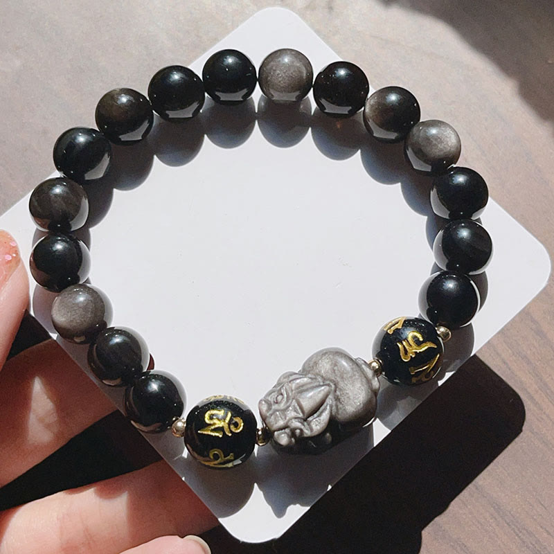 Buddha Stones天然銀光沢黒曜石 黒曜石オーム・マニ・パドメ・フムPiXiu守護ブレスレット