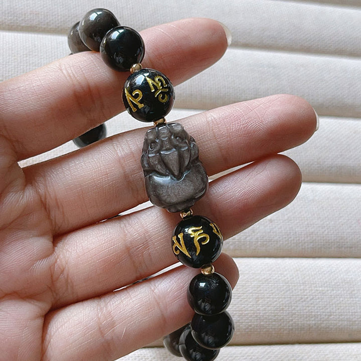 Buddha Stones天然銀光沢黒曜石 黒曜石オーム・マニ・パドメ・フムPiXiu守護ブレスレット