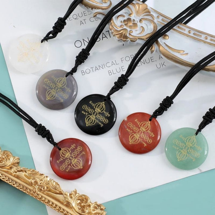 Buddha Stonesヴァジュラドルジェ サンスクリットパターン 天然各種クリスタル ブラックオブシディアン 成就ネックレスペンダント