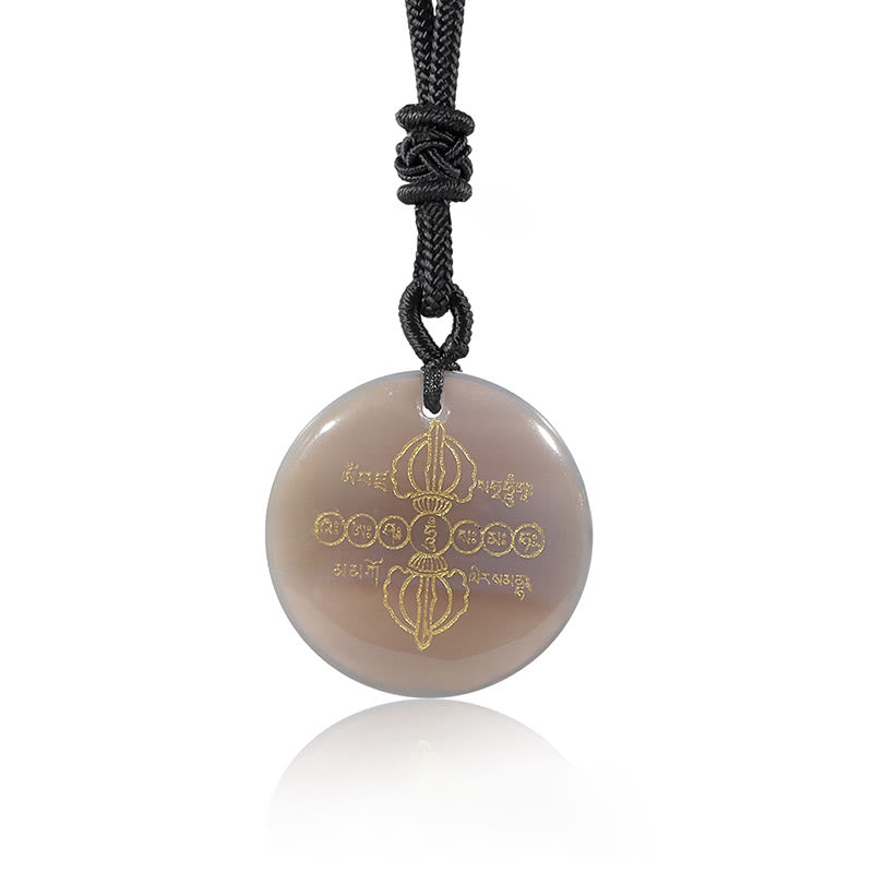 Buddha Stonesヴァジュラドルジェ サンスクリットパターン 天然各種クリスタル ブラックオブシディアン 成就ネックレスペンダント