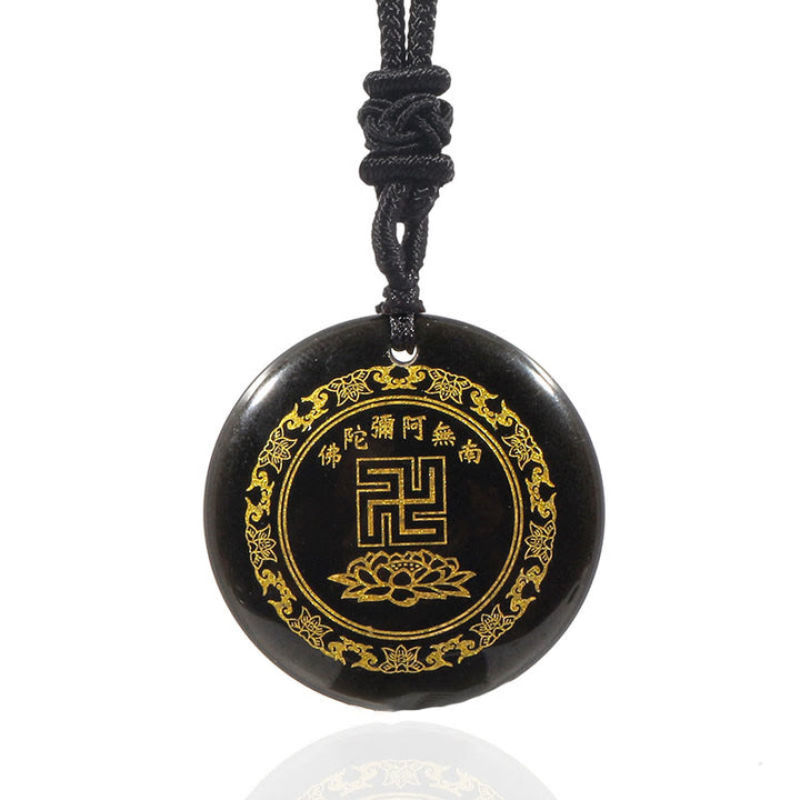 Buddha Stones卍 蓮華模様 天然水晶 黒曜石 浄化 ネックレス ペンダント