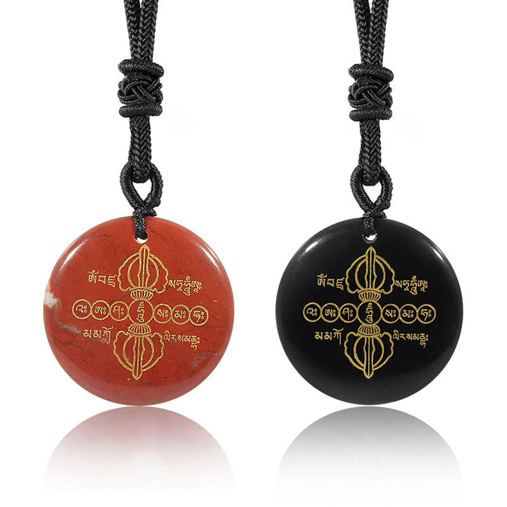 Buddha Stonesヴァジュラドルジェ サンスクリットパターン 天然各種クリスタル ブラックオブシディアン 成就ネックレスペンダント