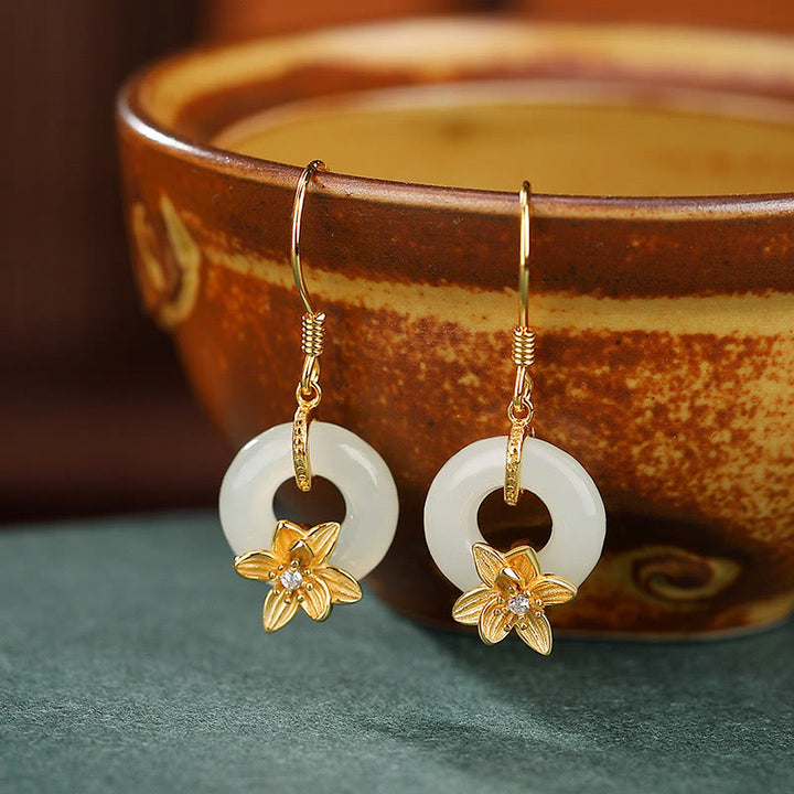 Buddha Stones925 スターリングシルバー 和田翡翠平和のお守りチャーム蘭 繁栄のイヤリング - 平和のお守りチャームゴールドオーキッド（925スターリングシルバーポスト） - image 0