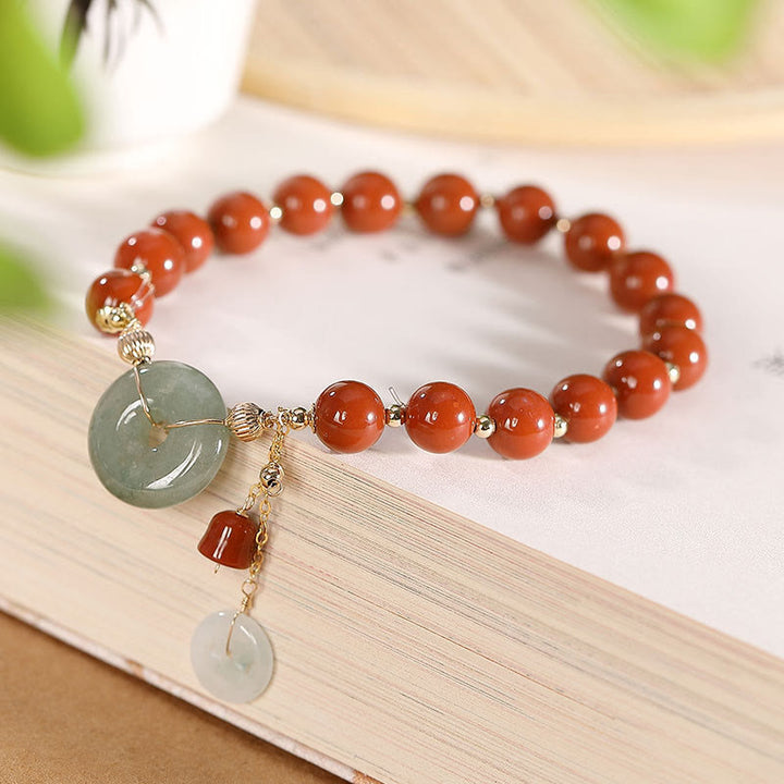 Buddha Stones14Kゴールドフィルド 翡翠 赤瑪瑙 平和バックル 銅貨 ひょうたん 自信のブレスレット