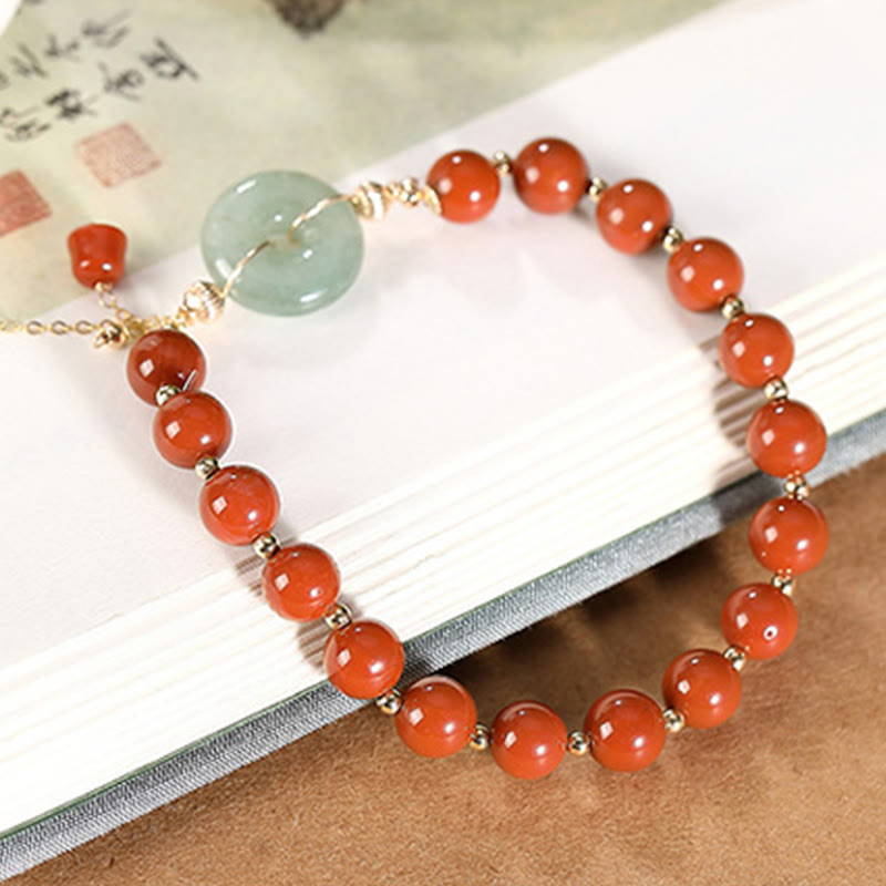 Buddha Stones14Kゴールドフィルド 翡翠 赤瑪瑙 平和バックル 銅貨 ひょうたん 自信のブレスレット