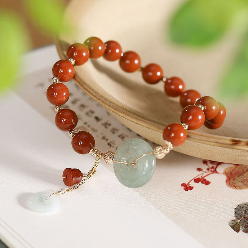 Buddha Stones14Kゴールドフィルド 翡翠 赤瑪瑙 平和バックル 銅貨 ひょうたん 自信のブレスレット