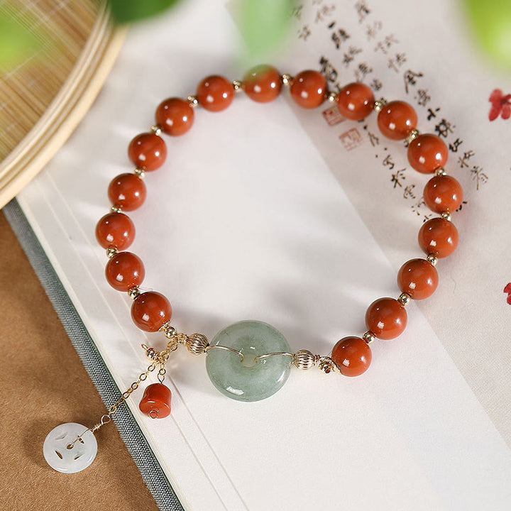 Buddha Stones14Kゴールドフィルド 翡翠 赤瑪瑙 平和バックル 銅貨 ひょうたん 自信のブレスレット