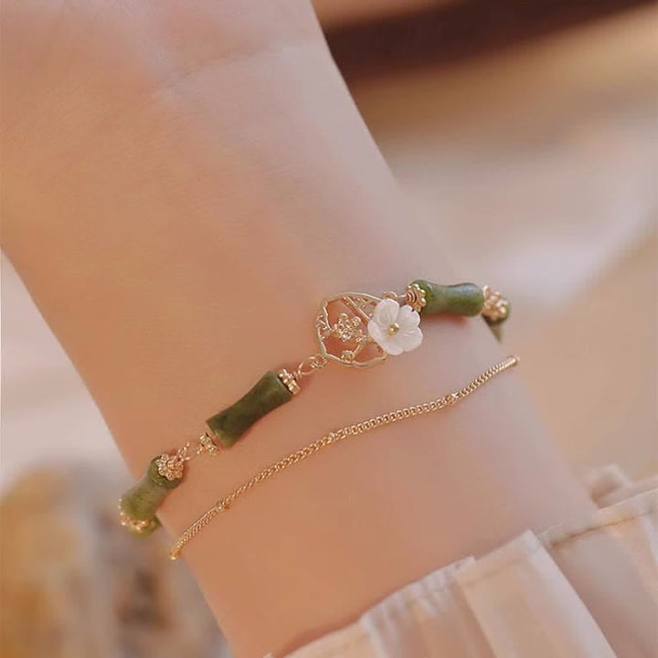 Buddha Stones14K 金メッキ 銅 ペリドット 竹の花 富の二重層ブレスレット