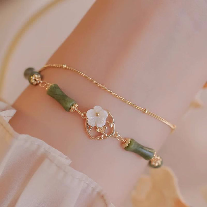 Buddha Stones14K 金メッキ 銅 ペリドット 竹の花 富の二重層ブレスレット
