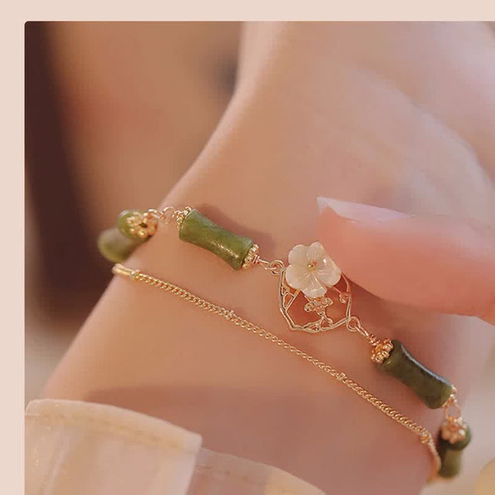 Buddha Stones14K 金メッキ 銅 ペリドット 竹の花 富の二重層ブレスレット