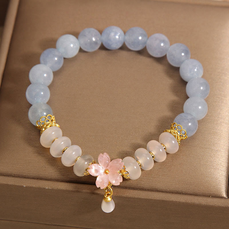 Buddha Stonesアクアマリン ホワイトアゲート パール そろばんビーズ フラワーヒーリングブレスレット