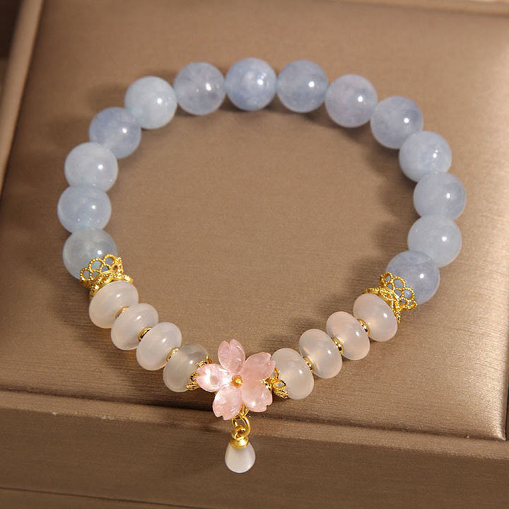 Buddha Stonesアクアマリン ホワイトアゲート パール そろばんビーズ フラワーヒーリングブレスレット