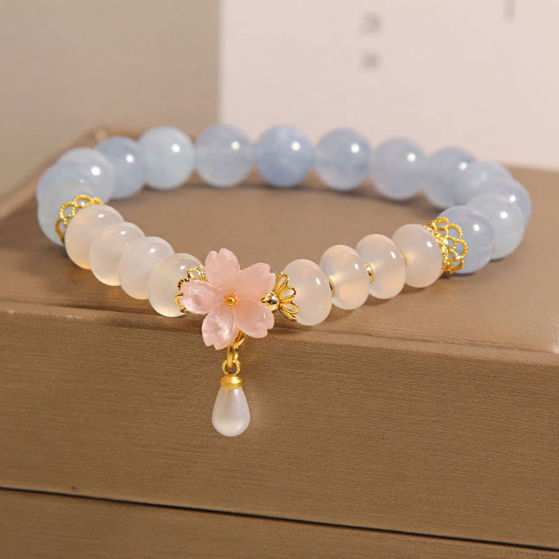 Buddha Stonesアクアマリン ホワイトアゲート パール そろばんビーズ フラワーヒーリングブレスレット